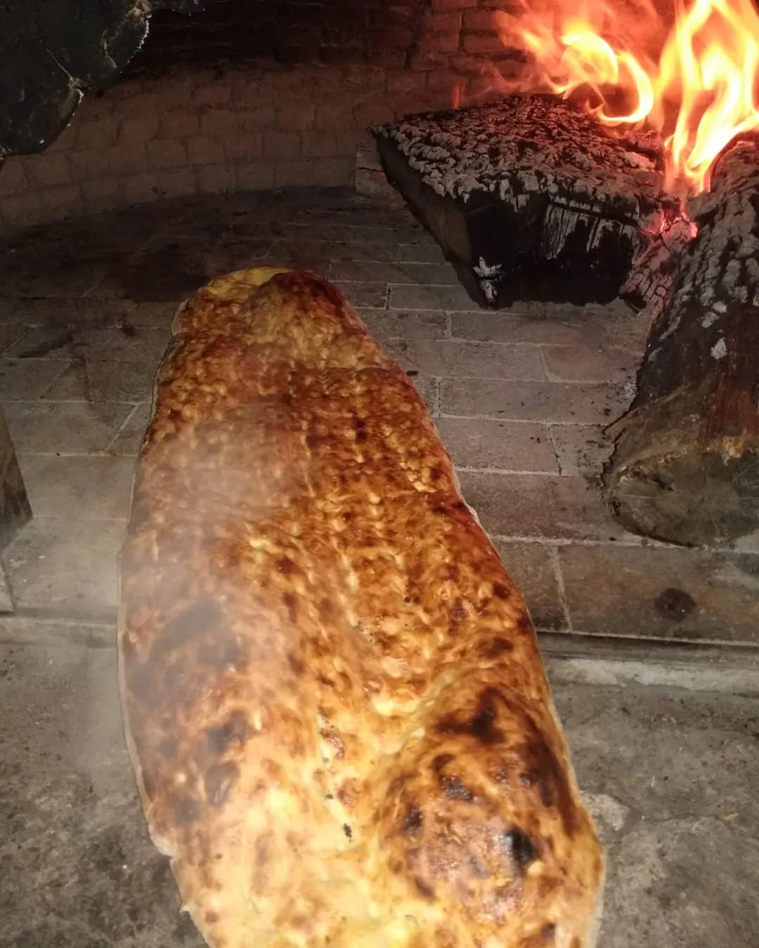 Odun ateşli taş fırında pişen kaşarlı pide, yanında yanan odunlar